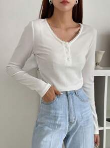 DAZY Lace Trim Button Front Tee - White - View 2