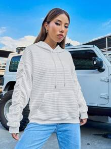 SHEIN LUNE Kangaroo Pocket Drop Shoulder Drawstring Hoodie - White - View 1