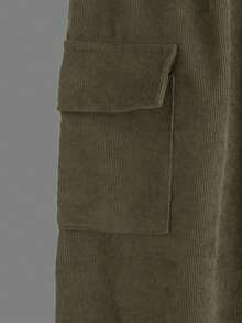 男大童字母刺繡翻蓋口袋燈芯絨襯衫和褲子無毛衣 - 軍綠色 - 查看 4