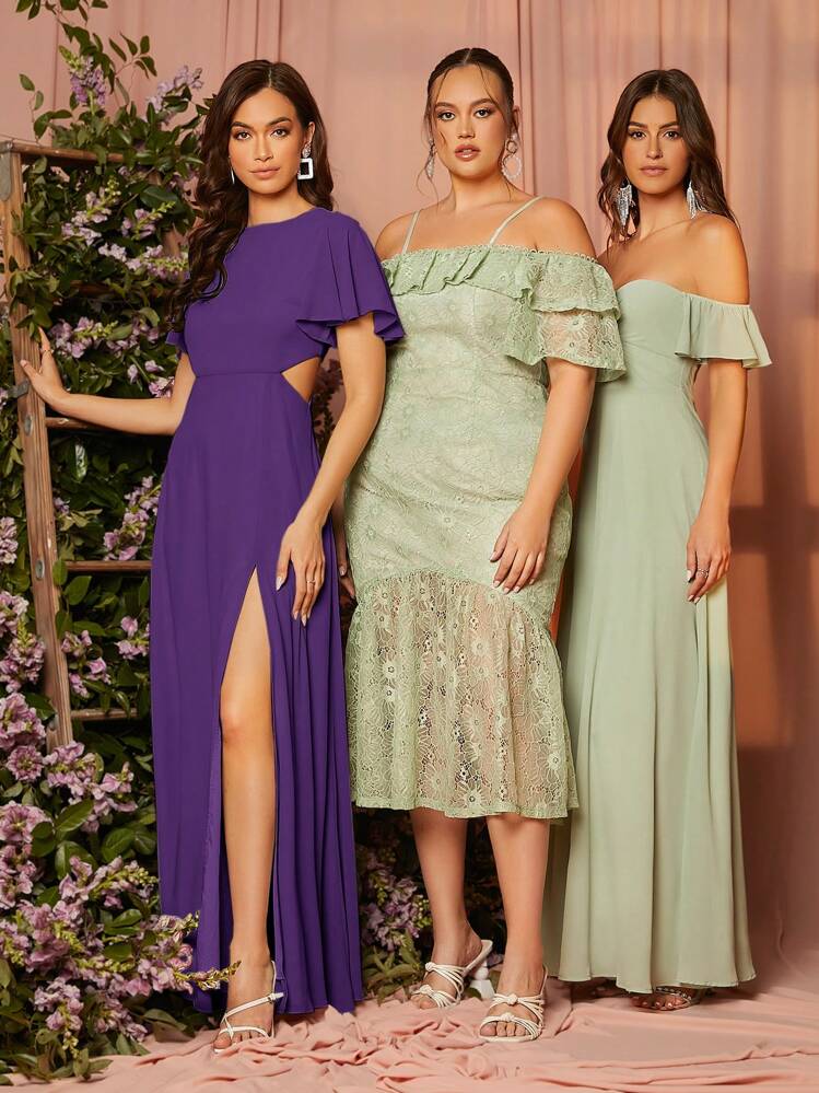 SHEIN Belle Chất rắn Tách đùi Váy phù dâu - Màu tím - Xem 5