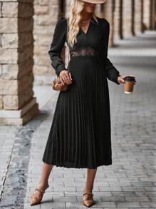 SHEIN Clasi Contrast Lace Pleated Hem Dress - Black - View 5