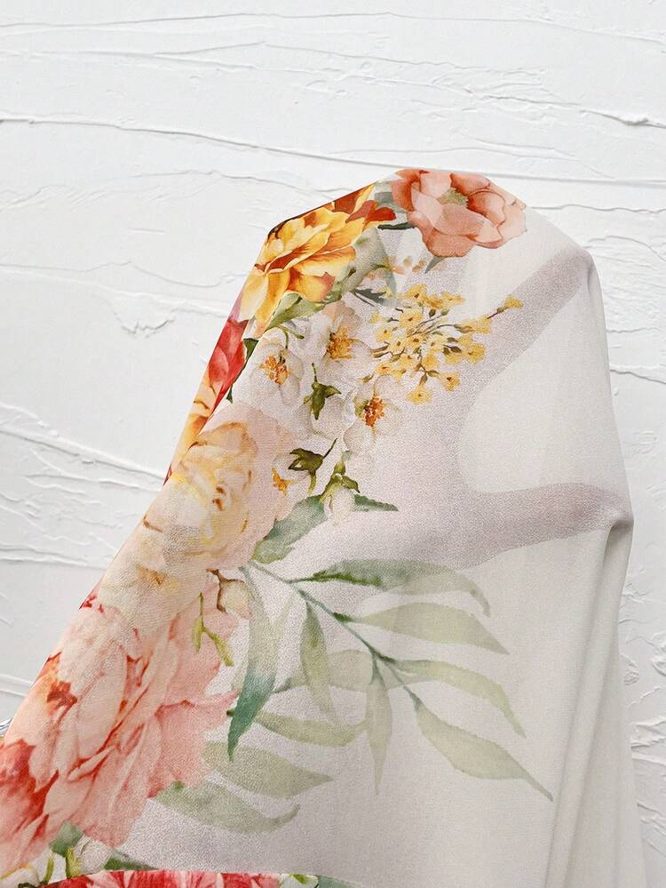 Plus Floral Print Lantern Sleeve Chiffon Shirt