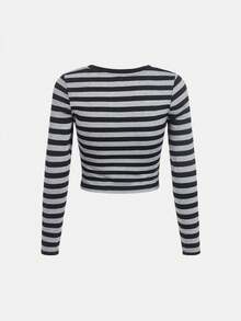 SHEIN Teen Girl Striped Half Button Crop Tee - Light Grey - View 2