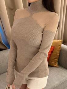 DAZY High Neck Contrast Mesh Ribbed Knit Sweater - Khaki - View 5
