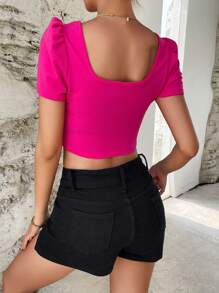 SHEIN Essnce 夏季女性純色針織蓬袖方領短T恤上衣 - 玫紅色 - 查看 2