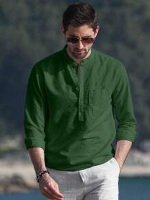 NITAGUT Men's Casual Simple Breathable Long Sleeve Shirt - Green - View 3