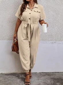 Calvaya Plus Flap Detail Belted Shirt Jumpsuit - Apricot - View 5