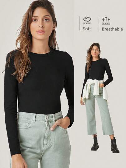 SHEIN BASICS Women's Solid Color Round Neck Long Sleeve Casual Blouse