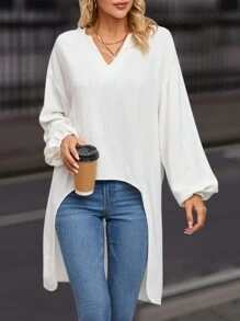 Notched Neckline Lantern Sleeve High Low Hem Blouse - White - View 1