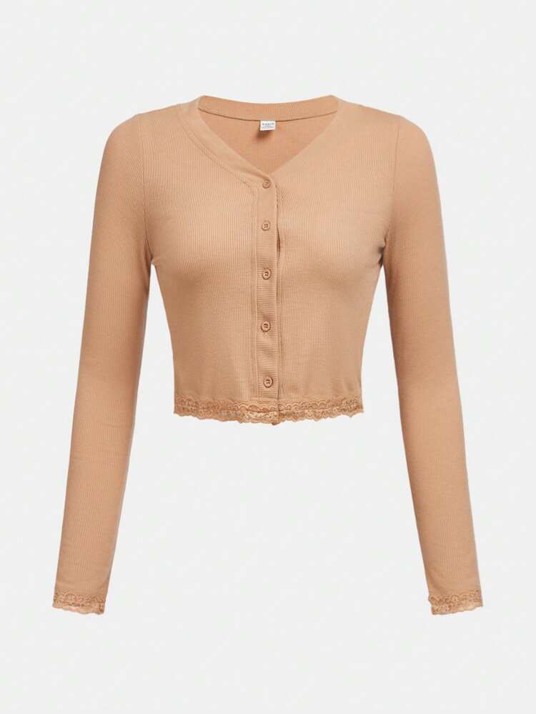 Teen Girl Lace Trim Button Front Tee