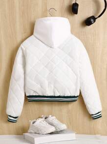 SHEIN Tween Girl Letter Patched Striped Trim Quilted Varsity Jacket - White - View 2