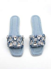 女士水钻装饰蓝色牛仔效果方头休闲平底凉鞋 - 藍色 - 查看 4