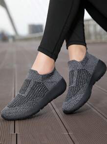 新款秋天女性襪型運動鞋,柔軟的和舒服的網眼透氣步行鞋 - 灰色 - 查看 1
