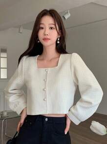 DAZY Casual Business Square Collar Solid Color Blouse For Women Long Sleeve Top