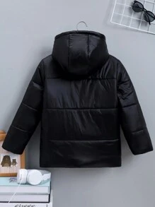 SHEIN Tween Boy 单件翻盖口袋拉链连帽夹棉大衣 - 黑色 - 查看 2