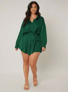 SHEIN Essnce Hơn Thả vai Thắt lưng Áo sơ mi - Màu xanh lá cây đậm - Xem 5