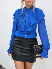 SHEIN Privé Viền Ruffle Xếp li Tay áo loe Áo sơ mi - Màu xanh lam - Xem 1