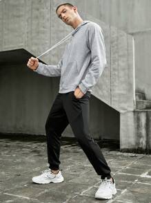 Manfinity Sport Corelite Men 1pc Raglan Sleeve Drawstring Sports Hoodie & 1pc Sweatpants, Athletic Suit, Tracksuit Workout Set Gym Set Workout Set - Grey - View 4