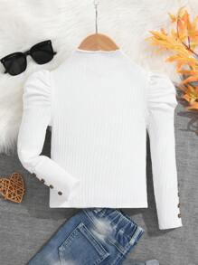 SHEIN Young Girl Mock Neck Gigot Sleeve Button Detail Tee