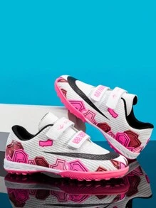 Chaussures de football pour femmes, splicing blanc et rose avec boucle et rivets, chaussures de football d'entraînement antidérapantes