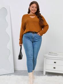 SHEIN LUNE Plus Keyhole Neck Drop Shoulder Sweater - Orange - View 3