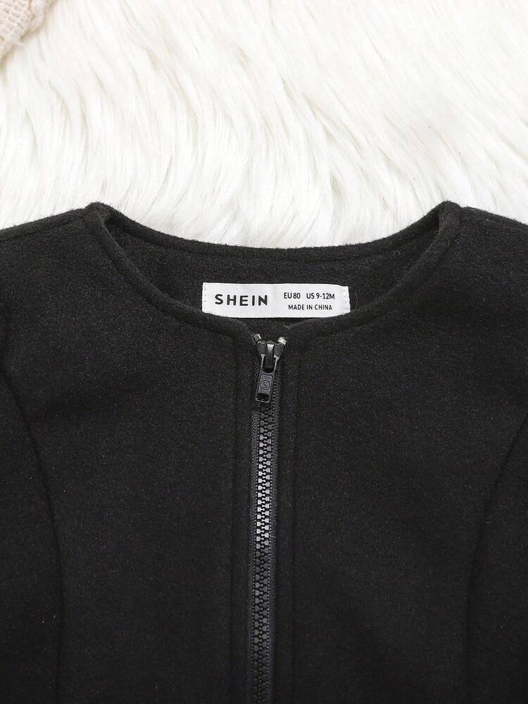 Baby Girl Puff Sleeve Zip Up Jacket & Paperbag Waist Belted Shorts