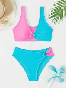 Teen Girl Color Block Ring Linked Bikini Set Summer Beach - Multicolor - View 7