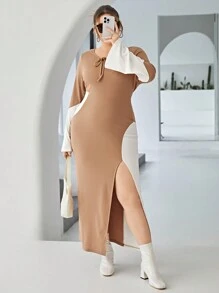 SHEIN Essnce 大碼撞色前繫帶高衩洋裝 - 卡其色 - 查看 5