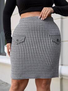 RueChic Plus Houndstooth Print Flap Detail Skirt - Black and White - View 2