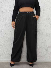 SHEIN Essnce Plus Drawstring Hem Flap Pocket Side Cargo Pants