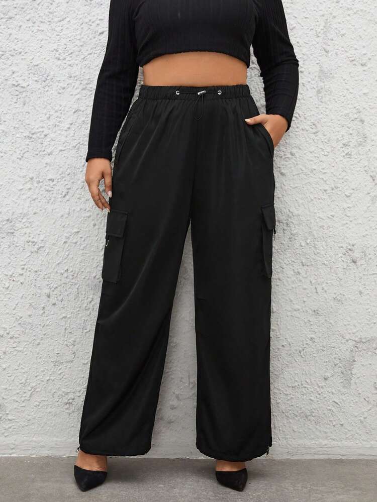 Plus Drawstring Hem Flap Pocket Side Cargo Pants