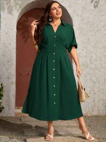 SHEIN LUNE Plus Button Front Plicated Detail Batwing Sleeve Shirt Dress - Dark Green - View 5