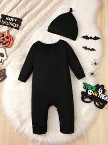 男婴万圣节骷髅印花连体衣和帽子，适合万圣节派对 - 黑色 - 查看 2