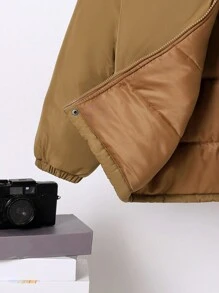 SHEIN Tween Boy Flap Pocket Fuzzy Trim Hooded Padded Coat - Khaki - View 5