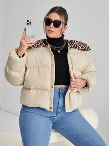 SHEIN Essnce Plus Geo Print Collar Padded Coat - Apricot - View 1