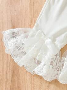 SHEIN Baby Girl Contrast Lace Flounce Sleeve Top & Pants & Headband Photography Set - White - View 6