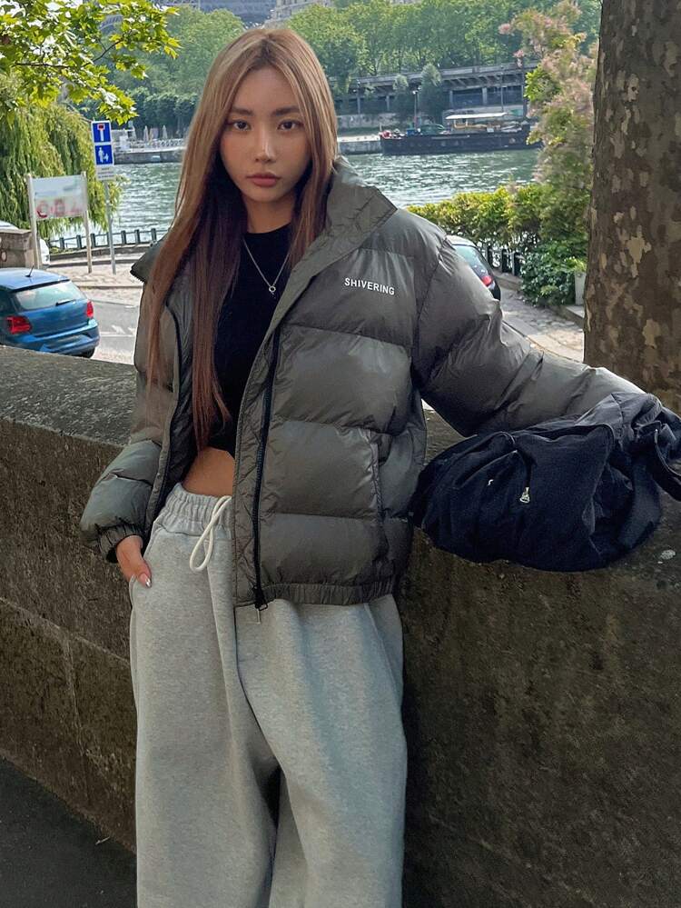 Letter Graphic Zip Up Puffer Thick Pockets Coat ,Winter Women Clothes,Winter Coat Women Jacket