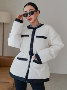 DAZY Contrast Trim Drop Shoulder Puffer Thick Pockets Coat Jacket Winter - White - View 3
