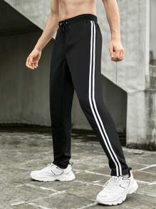 Hombres Pantalones deportivos con cinta de rayas lado de cintura con cordón - Negro - Ver 2