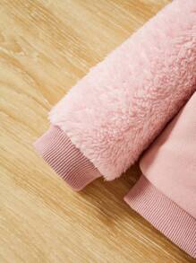 SHEIN Baby Girl Rabbit Print Contrast Fuzzy Sleeve Hooded Jacket - Pink - View 5