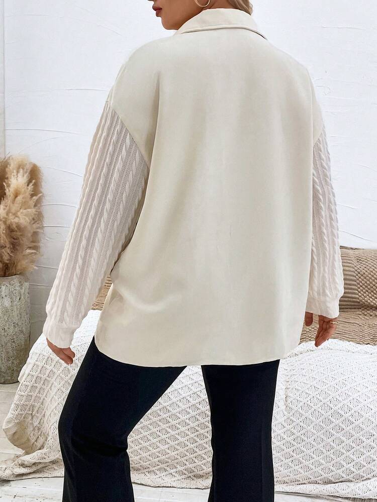 Plus Contrast Drop Shoulder Pocket Patched Button Front Coat