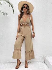 SHEIN VCAY 鏤空前繫帶荷葉邊吊帶連體褲 - 卡其色 - 查看 5