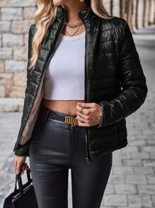 GENKIRA Abrigo de invierno casual, chaqueta de invierno con relleno sintético aislante acolchado y sencillo, abrigo de invierno - Negro - Ver 3