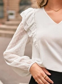 SHEIN Frenchy 圓點荷葉邊燈籠袖上衣 - 白色 - 查看 5