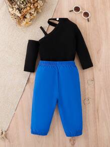 Baby Girl Asymmetrical Neck Tee & Flap Pocket Pants & Belt Bag - Royal Blue - View 2