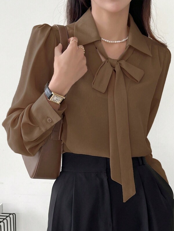 DAZY Solid Tie Neck Puff Sleeve Blouse,Back To School Clothes
