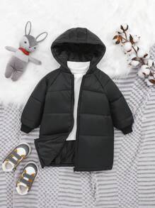 SHEIN Áo khoác có mũ trùm đầu màu trơn đơn giản cho bé trai với thiết kế tay áo raglan - màu đen - Xem 1