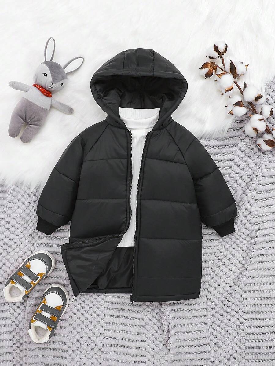 SHEIN Áo khoác có mũ trùm đầu màu trơn đơn giản cho bé trai với thiết kế tay áo raglan - màu đen - Xem 1