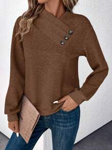 SHEIN LUNE Sudadera con diseño de botón de cuello asimétrico - Café integral - Ver 6