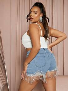 Denimoi Talla grande Shorts en mezclilla con diamante de imitación ribete con fleco - Lavado ligero - Ver 5